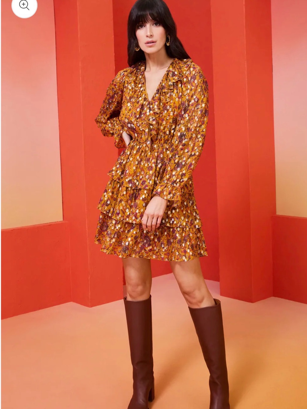 Marie Oliver Una Silk Metallic Marigold Harvest Floral Tiered Ruffle Mini Dress